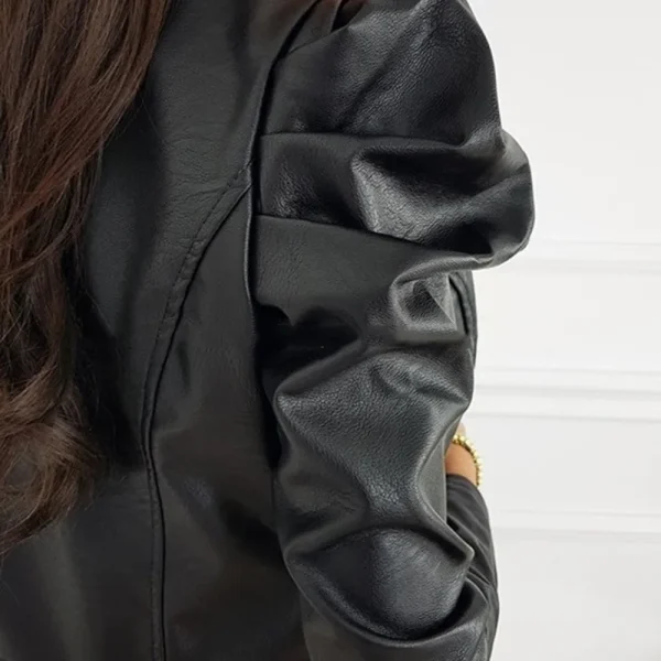Giacca nera in pelle PU Donna Autunno Inverno Fashin Casual Manica a sbuffo O Collo Cerniera Cappotti corti Slim Fit Streetwear Blazer 5