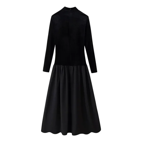 Abito lungo patchwork in velluto moda donna elegante colletto semi-alto abiti da sera per feste 2025 nuovi abiti neri a maniche lunghe 6