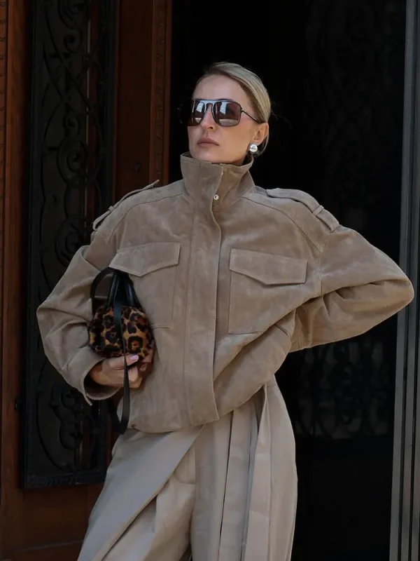 HH Giacca da donna in pelle strutturata scamosciata moda autunnale da strada tinta unita maniche lunghe collo alto con tasche cappotti vintage 2