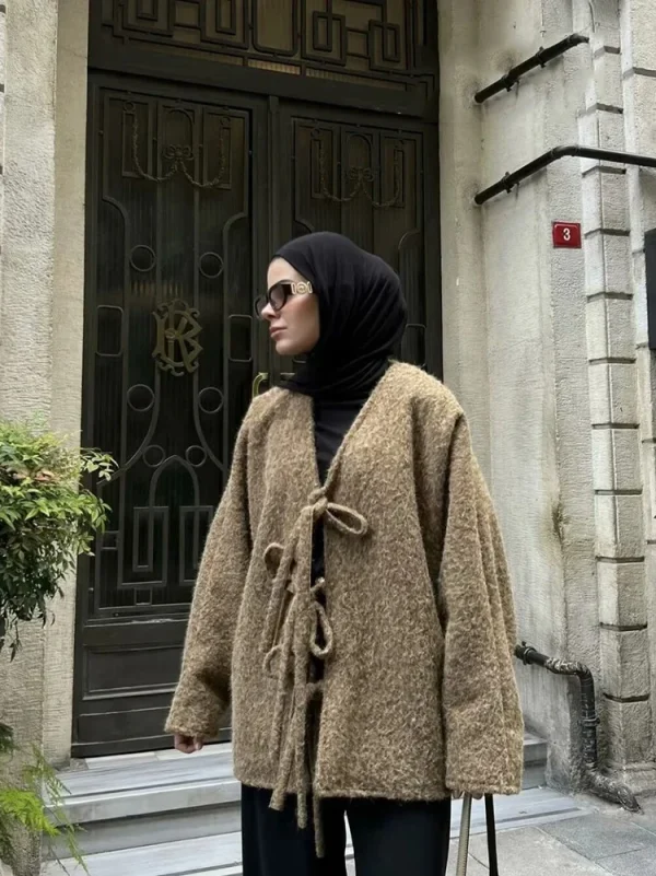 Moda Donna Cardigan a Maglia Casual Autunno e Inverno Allentato Tinta Unita Scollo a V Cravatta Cappotto Retrò Manica Lunga Giacca Pendolare 4