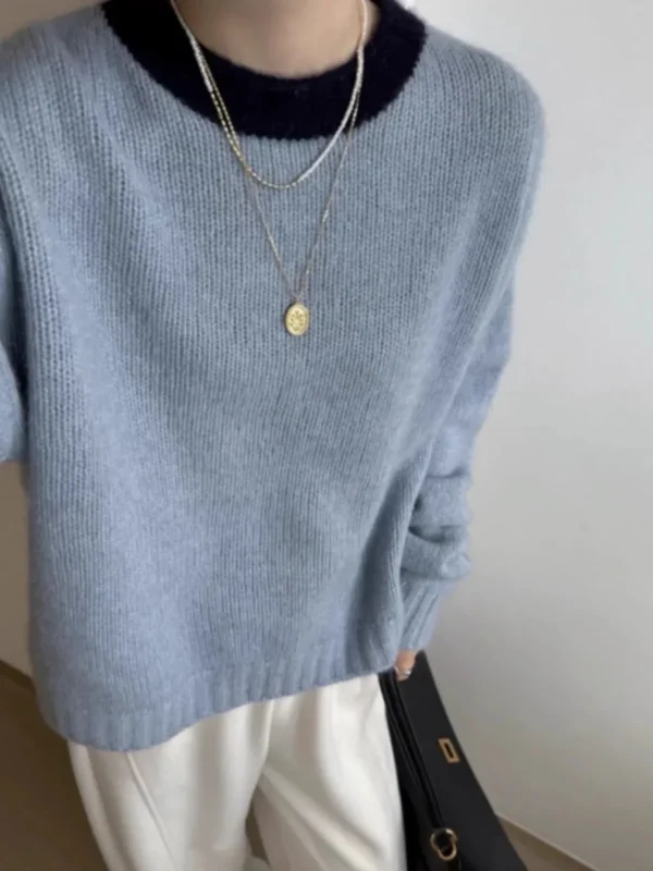 Maglione da donna in puro cashmere con collo rotondo in colore abbinato, maglione corto con base in lana lavorata a maglia ispessita e ampia autunno e inverno 4