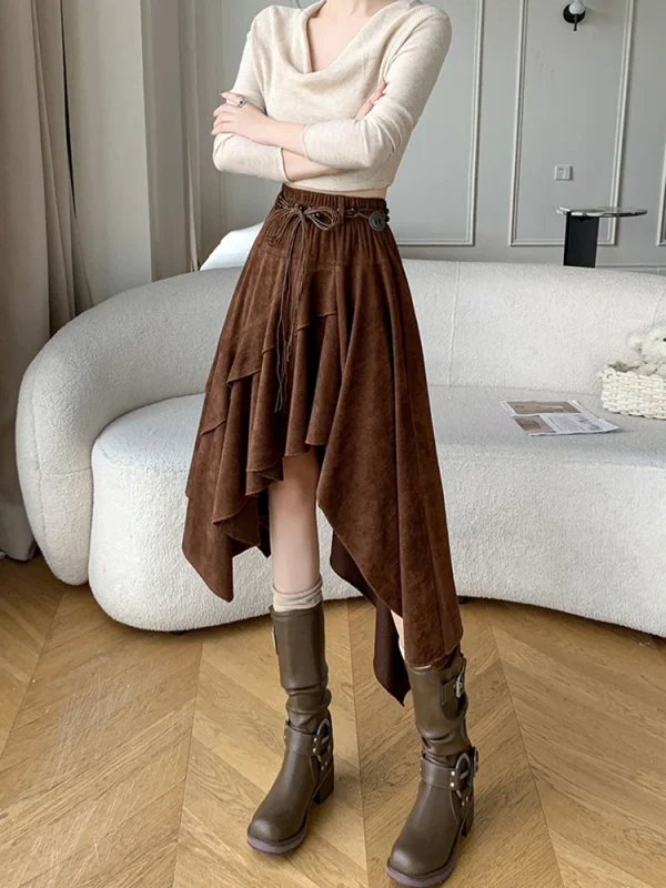 Gonna longuette in pelle scamosciata asimmetrica retrò americana per donna Gonne a trapezio retrò autunno inverno stile bohemien vintage da donna 5