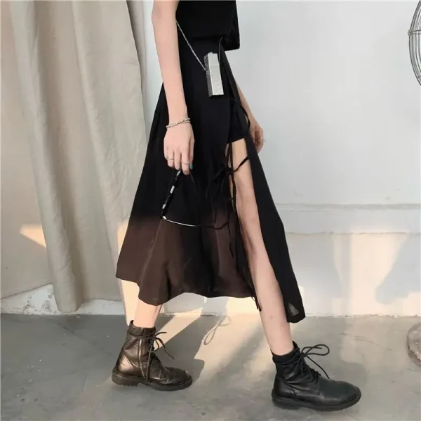 Party Club Vita alta Femme Fondo Streetwear Gonna gotica Vintage gotico scuro Gonne a metà polpaccio con spacco alto Donna Moda elegante 2