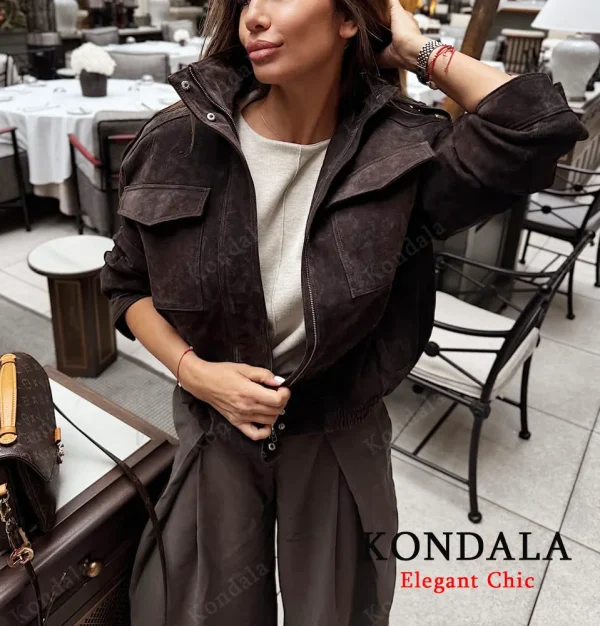 KONDALA Autunno Donna Elegante Giacca in pelle scamosciata Colletto rialzato Giacca ampia con cerniera grigia 2025 Giacca da donna streetwear autunno inverno 4