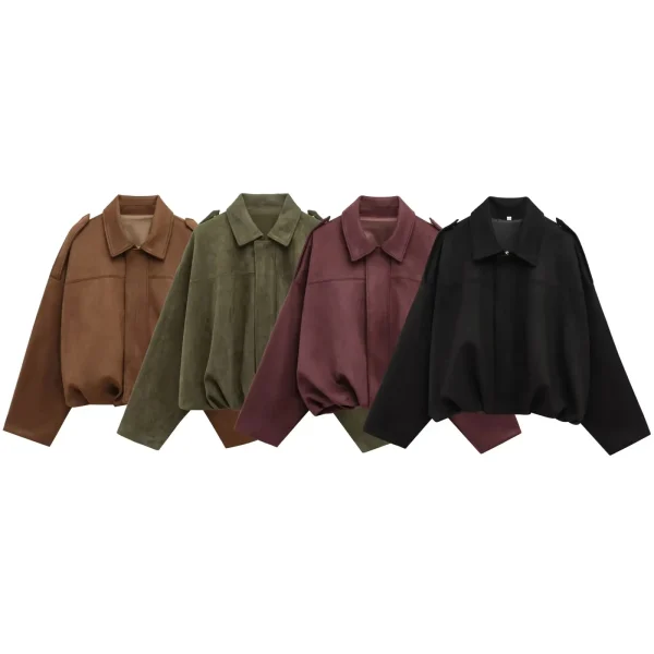 HH Cappotti da donna con trama in pelle scamosciata allentata solida moda di strada causale maniche lunghe a pipistrello bavero cerniera volare giacche vintage invernali 2