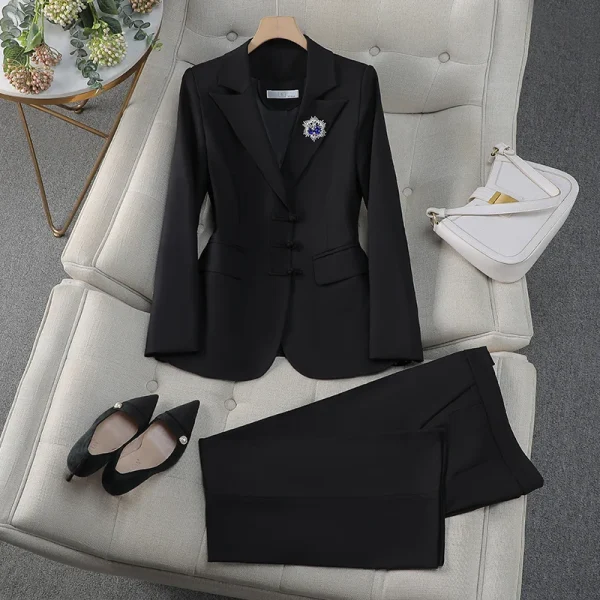 NAVIU Abiti da donna eleganti per il negozio di gioielli primaverili autunnali Pantaloni professionali con giacca da lavoro da donna per ufficio Nero Bianco 3