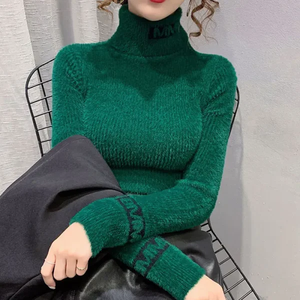 Autunno Inverno Nuovi maglioni con stampa di lettere Manica lunga Collo alto Tinta unita Slim Pullover giovanili Abbigliamento donna moda elegante 5