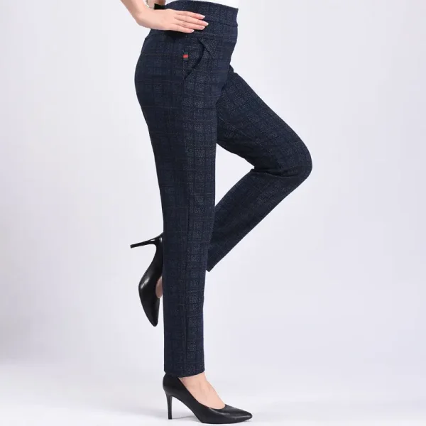 Autunno inverno 5XL addensare pantaloni dritti scozzesi Vintage All-match Casual Slim vita alta elastico donna moda pantaloni a matita 6