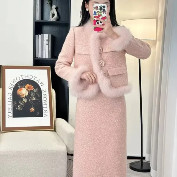 Autunno Inverno Nuovo Cappotto in Pelliccia Sintetica Gonna Lunga da Donna Set da 2 Pezzi Imbottito da Donna da Ufficio Due Pezzi Gonna Set di Vestiti 3