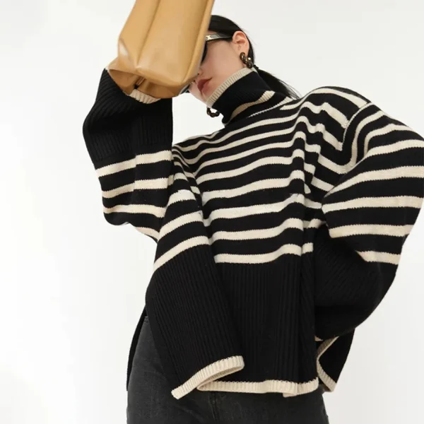 2025 Pullover dolcevita a righe da donna Maglioni con spacco laterale a colori a contrasto a costine Autunno Inverno Y2K Chic High Street Top lunghi 4