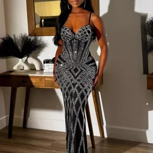Znaiml Luxury Women Celebrity Spaghetti Strap senza maniche Prom formale sirena Maxi abito sexy scintillante strass compleanno Vestido 1