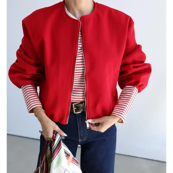 MUJER Giubbotti bomber con cerniera rossa da donna Giubbotti corti morbidi Donna 2025 Giacca sportiva da donna a maniche lunghe Novità in capispalla 6
