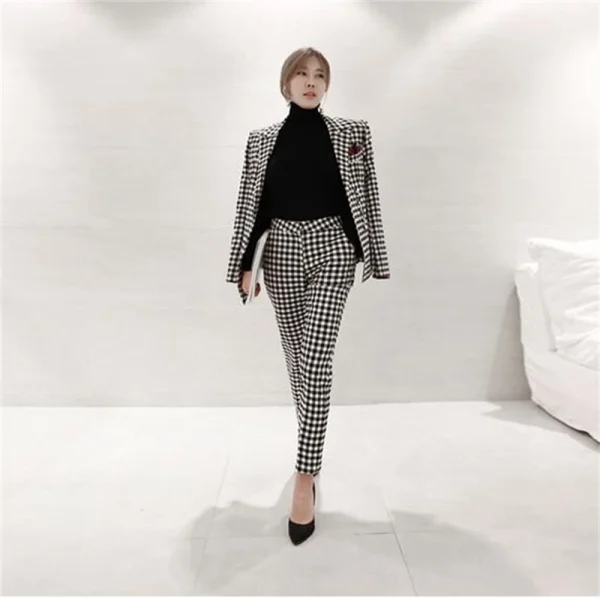 Completo Blazer scozzese Slim Fit da donna Set Casual Office Lady Single Button elegante Blaiser Mujer 2022 nuovo Blazerpants pied de poule 4