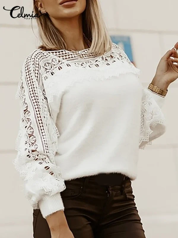 2023 Celmia donna primavera peluche pullover maglioni elegante manica lunga lanterna camicia tunica moda pizzo Hollow pelliccia Top Streetwear 3