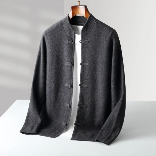 Autunno e inverno nuovo 100% lana merino cardigan da uomo retro Tang suit casual cashmere maglione lavorato a maglia giacca imbottita 2