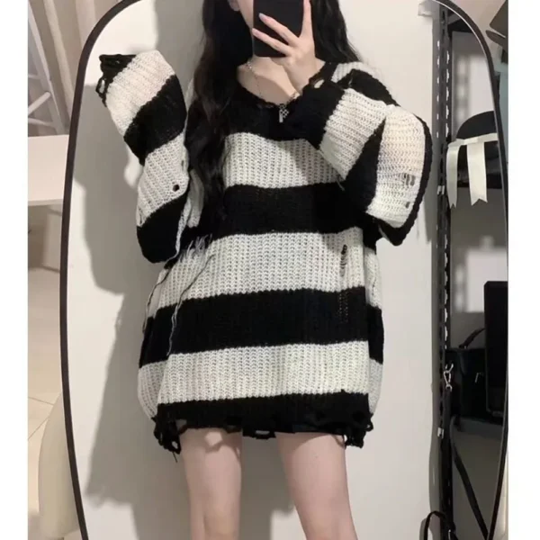 Primavera Autunno Nuovo maglione nero rosa da donna Primavera e autunno Top maglione lavorato a maglia a righe stile pigro allentato medio lungo 5