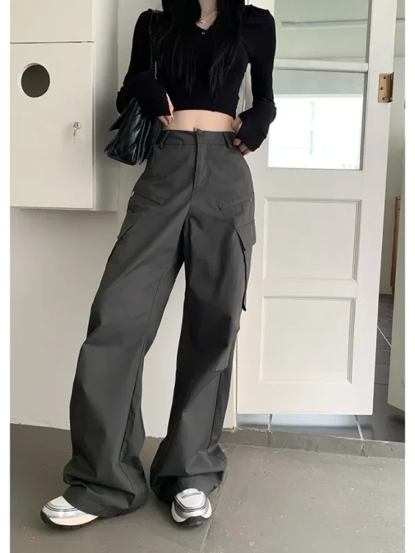 HOUZHOU Pantaloni Cargo da Donna Grigio Vintage Y2k Baggy Stile Coreano Pantaloni a Vita Alta Techwear Estetica Femminile Streetwear Hippie 2