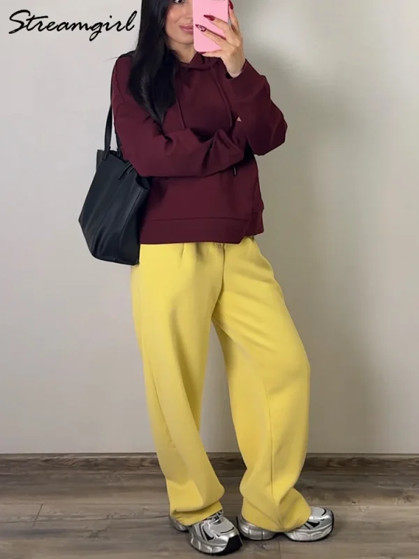 Streamgirl Pantaloni Caldi Per Le Donne Inverno Giallo Gamba Larga Pantaloni Della Tuta In Pile Donne Baggy Sport Inverno Velluto Spesso Pantaloni Caldi 3