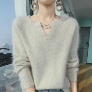 100% puro visone maglione di cachemire delle signore con scollo a V pullover di maglia spessa casual allentato camicetta a maniche lunghe autunno nuova camicia di grandi dimensioni 1