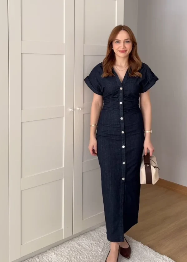 ETJ 2025 Primavera Nuova serie 1975 abito MIDI in denim con risvolto cerniera laterale moda abito elegante sottile in vita antirughe 2