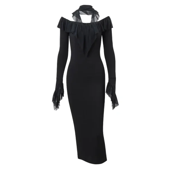 Xeemilo Elegante abito da sera con volant in rete Temperamento Colletto tondo Slim Manica lunga Maxi abiti Donna Elegante Party Club Robe 6