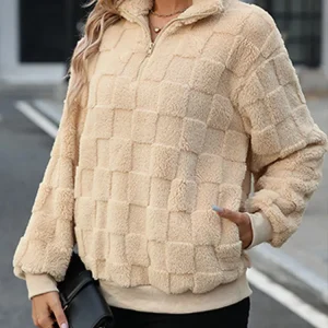 Fairyshely 2025 Autunno Collo alto Donna Felpe con cappuccio Inverno Manica lunga Cerniera Felpa calda Casual Lady Allentato Peluche Pullover Top 1