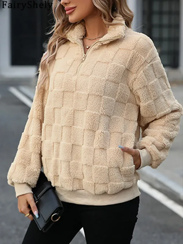 Fairyshely 2025 Autunno Collo alto Donna Felpe con cappuccio Inverno Manica lunga Cerniera Felpa calda Casual Lady Allentato Peluche Pullover Top 1