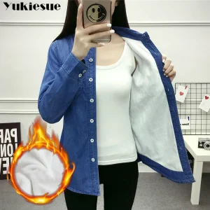 2022 Casual inverno Autunno caldo pile spesso denim Camicette Donna Donna Top Camicette da donna Camicia a maniche lunghe vestire S-3XL 1