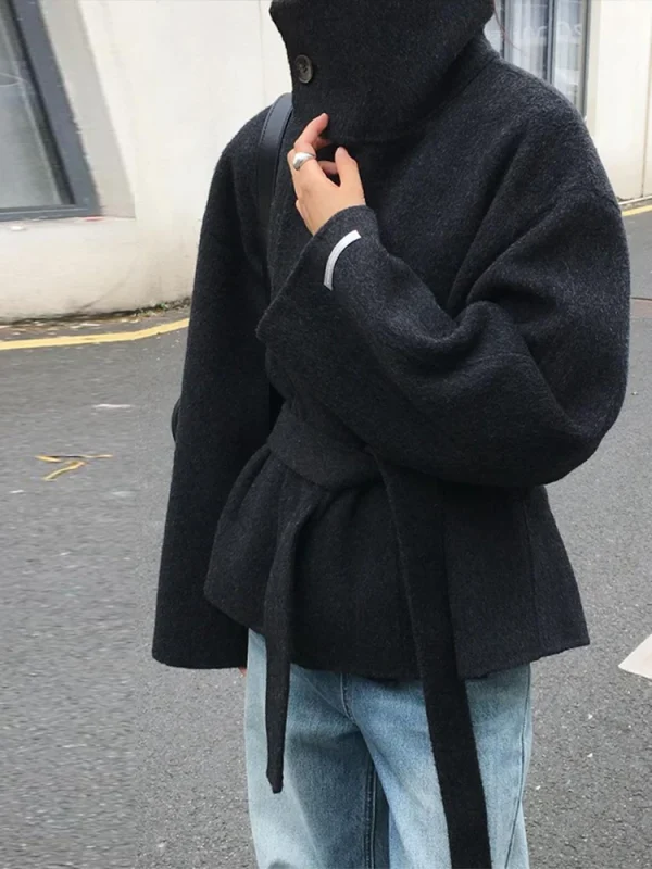 Cappotto doppiopetto in lana da donna Colletto rovesciato nero Capispalla casual allentato 2025 Giacca da strada a maniche lunghe femminile autunnale 3