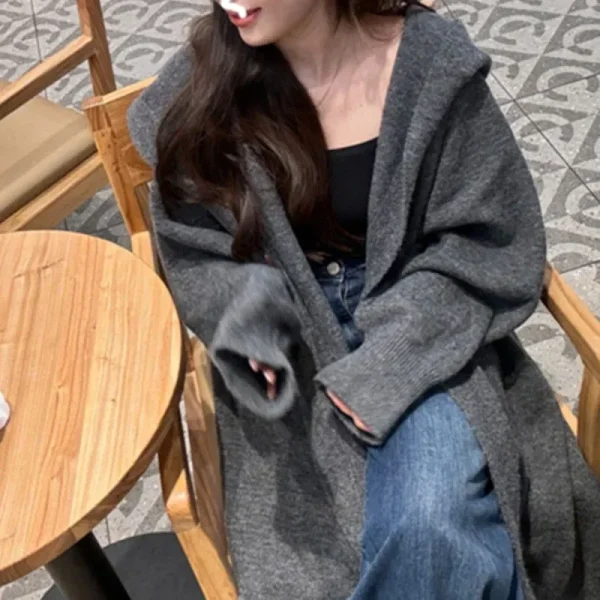 Nuova moda giacca maglione grigio per autunno e inverno Cardigan lavorato a maglia con cappuccio allentato stile lungo per donna maglione nero XXL 6