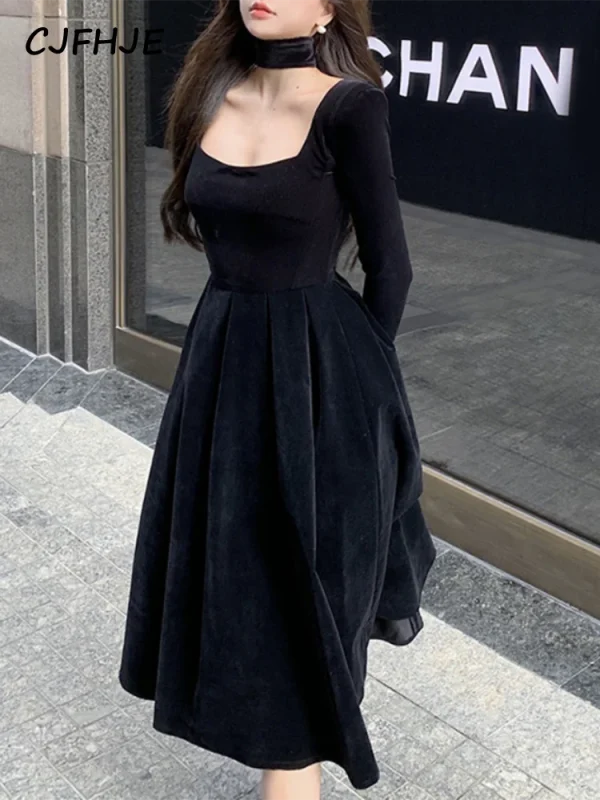 CJFHJE Black Velvet Evening Party Midi Dresses France Vintage Elegant Lady Dress New Winter coreano One Piece Dress donna autunno 4