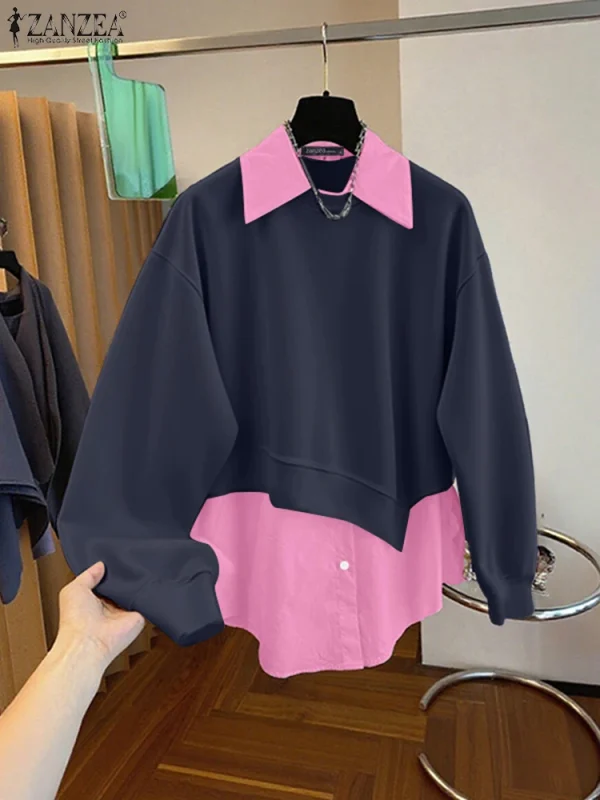 2025 ZANZEA Felpe da donna Elegante autunno Felpe con cappuccio Top a maniche lunghe Elegante OL Camicetta da lavoro Pullover Risvolto Patchwork Blusas 2