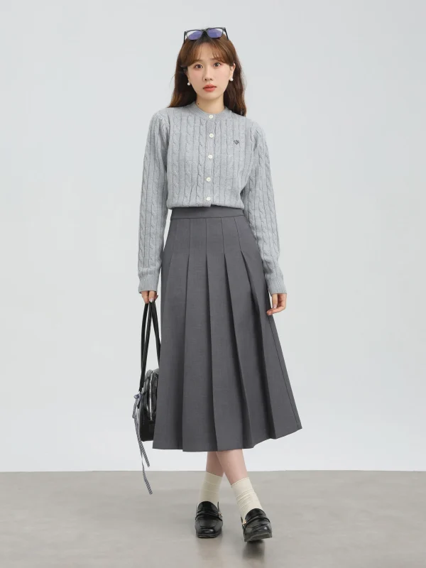 2025 Gonna a pieghe grigia autunno inverno per donna Gonna a trapezio a vita alta di media lunghezza per abito elegante stile ufficio Petite Lady 5