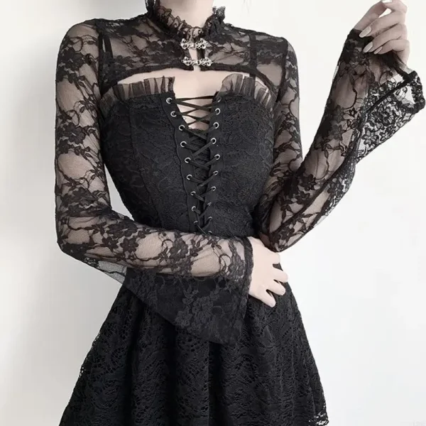 L93f Women Women Fleeve Vintage Long Slee Bolero Stand Collar Floral Lace Grolla 5