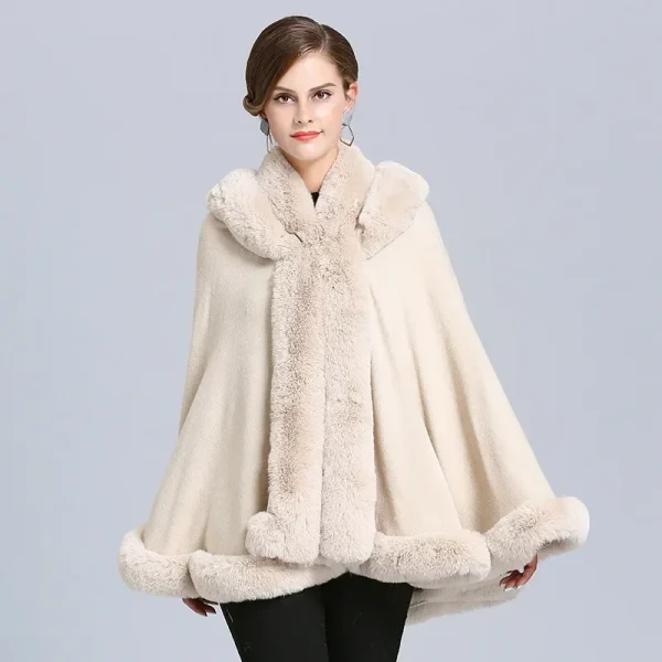 6 colori Scialle invernale Caldo e spesso Cappotto avvolgente con cappello Donna Pelliccia di coniglio sintetica Poncho allentato Mantello Cardigan a pendolo grande 2