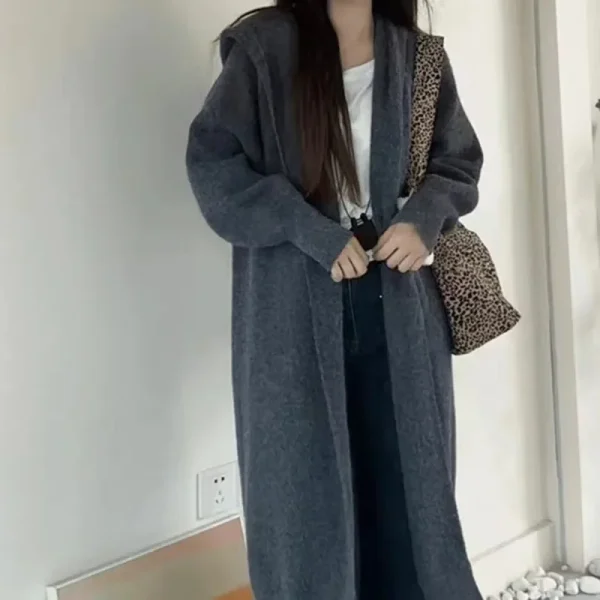 Nuova moda giacca maglione grigio per autunno e inverno Cardigan lavorato a maglia con cappuccio allentato stile lungo per donna maglione nero XXL 2