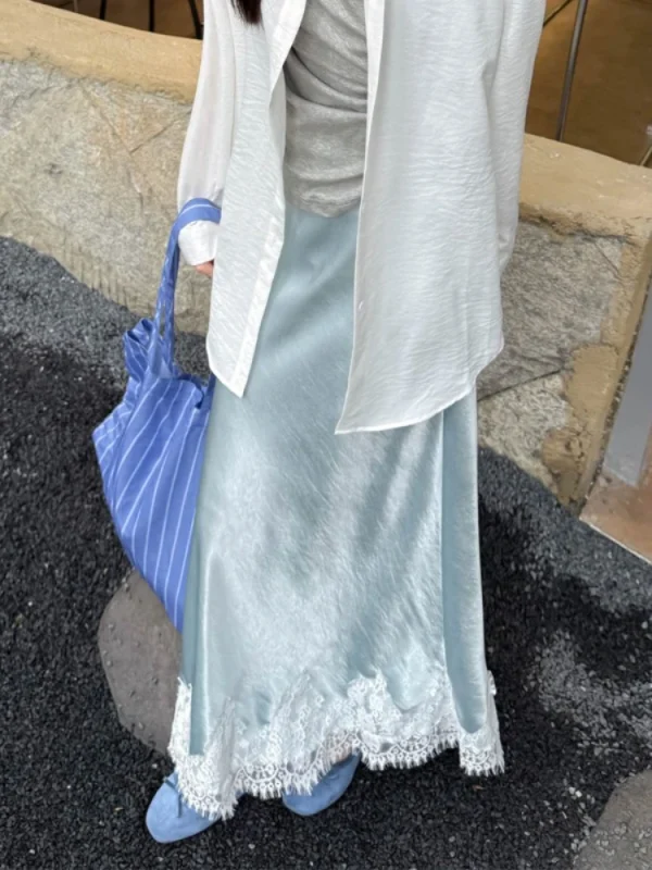 Gonna longuette patchwork in pizzo satinato 2025 Donna A-line elegante gonna liscia Abbigliamento donna 4