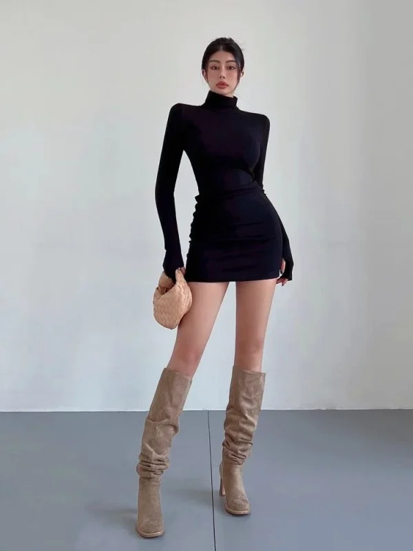 Mini abito rosso mezzo dolcevita donna Y2K manica lunga sexy abito sottile sui fianchi autunno inverno donna streetwear party club abiti neri 6