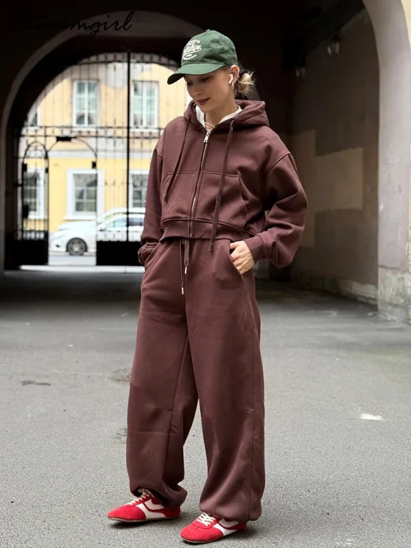 Tute da donna Tuta in pile invernale Marrone caldo Crop Zipper Felpe con cappuccio e pantaloni sportivi Set per donna Set di pantaloni in velluto da 2 pezzi 4