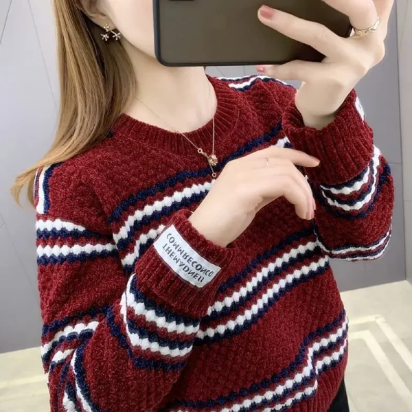 2023 autunno inverno nuovo Pullover girocollo maniche lunghe maglione a righe larghe Office Lady Basics Casual Knit Underlay 4