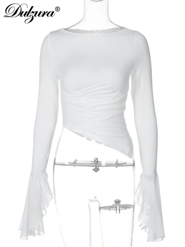 Dulzura maniche lunghe svasate increspato patchwork crop t-shirt solido sexy casual top party club streetwear abiti primaverili estivi 6