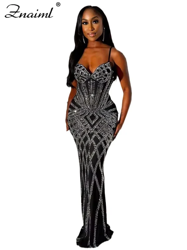 Znaiml Luxury Women Celebrity Spaghetti Strap senza maniche Prom formale sirena Maxi abito sexy scintillante strass compleanno Vestido 4