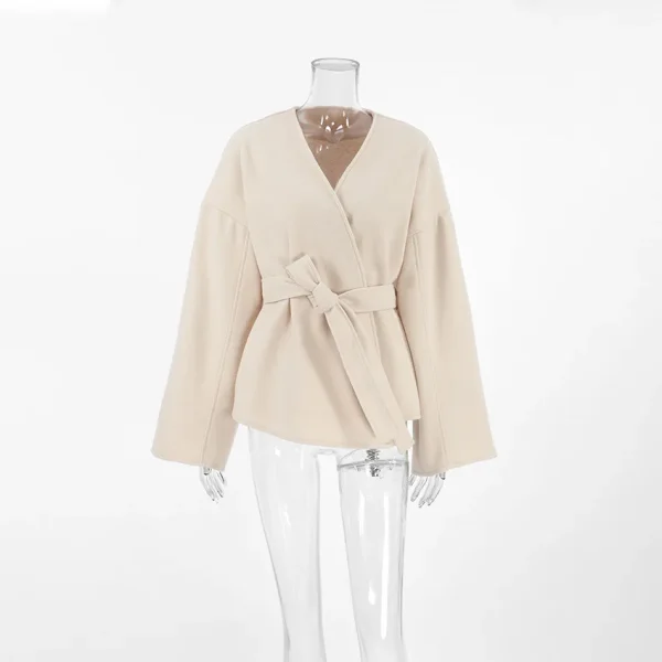 Cappotto con lacci solido moda per donna Giacca elegante a maniche lunghe con scollo a V 2025 Autunno Inverno New Lady Street Capispalla 5