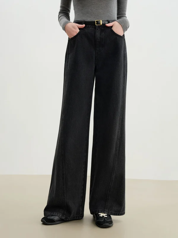 ZIQIAO 2025 Nuovo arrivo dimagrante a vita alta taglio dritto jeans a gamba larga elegante design raschiante denim di cotone per l'inverno 4