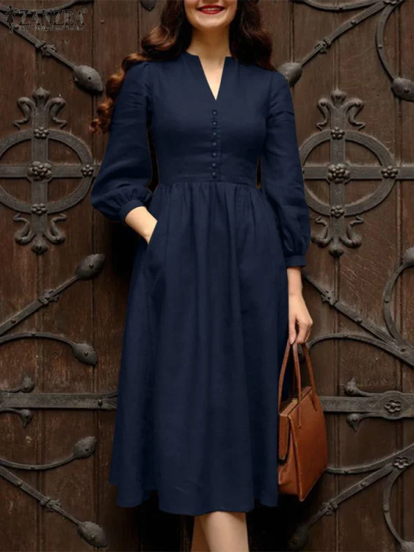 ZANZEA 2025 Autunno Abiti da lavoro solidi Donna Scollo a V Abito a maniche lunghe Elegante A Line Party Vestito estivo Casual Bottone solido Midi Robe 5