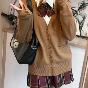 Maglione lavorato a maglia con scollo a V in tinta unita alla moda giapponese, top cardigan uniforme newJK originale, maglione in cotone da donna autunno e inverno 1