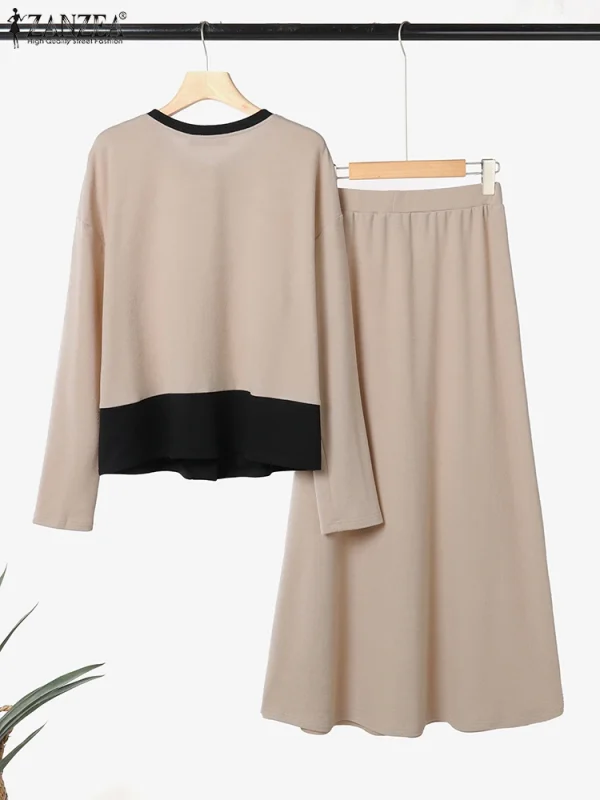 ZANZEA Set di abiti eleganti lavorati a maglia da donna 2025 Camicie patchwork di colore a maniche lunghe autunno e maxi gonne Moda casual allentata 2 pezzi 2