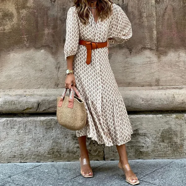 2025 Donna Autunno Inverno Elegante Casual Scollo a V Pullover Cintura Stampata Maniche a palloncino Slim Fit Abito di media lunghezza con cintura 2