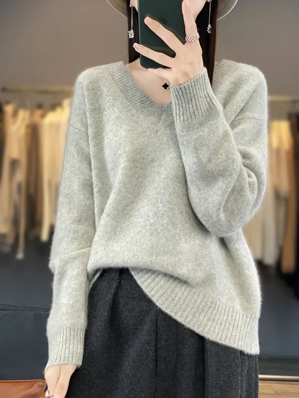 Nuove donne maglione pullover casual con scollo a V primavera autunno inverno 100% lana merino solido morbido cashmere maglieria moda coreana top 3