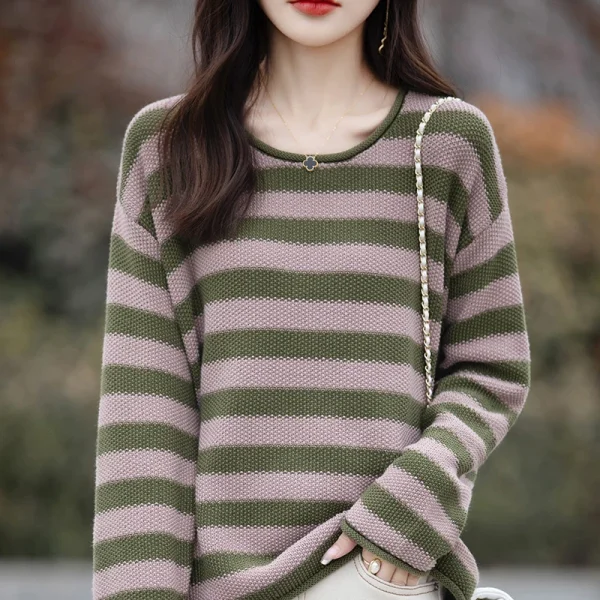 Donna 100% cotone maglione autunno inverno arricciato o-collo Pullover manica lunga fondo strisce colorate maglieria abbigliamento sciolto 2